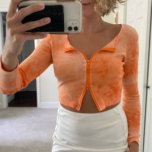 game day orange tie-dye dual zipper long sleeve crop top